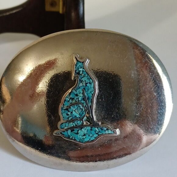 Howling Wolf Native American Indian Faux Turquoise Inlay Belt Buckle Zuni Tribe - Picture 1 of 7